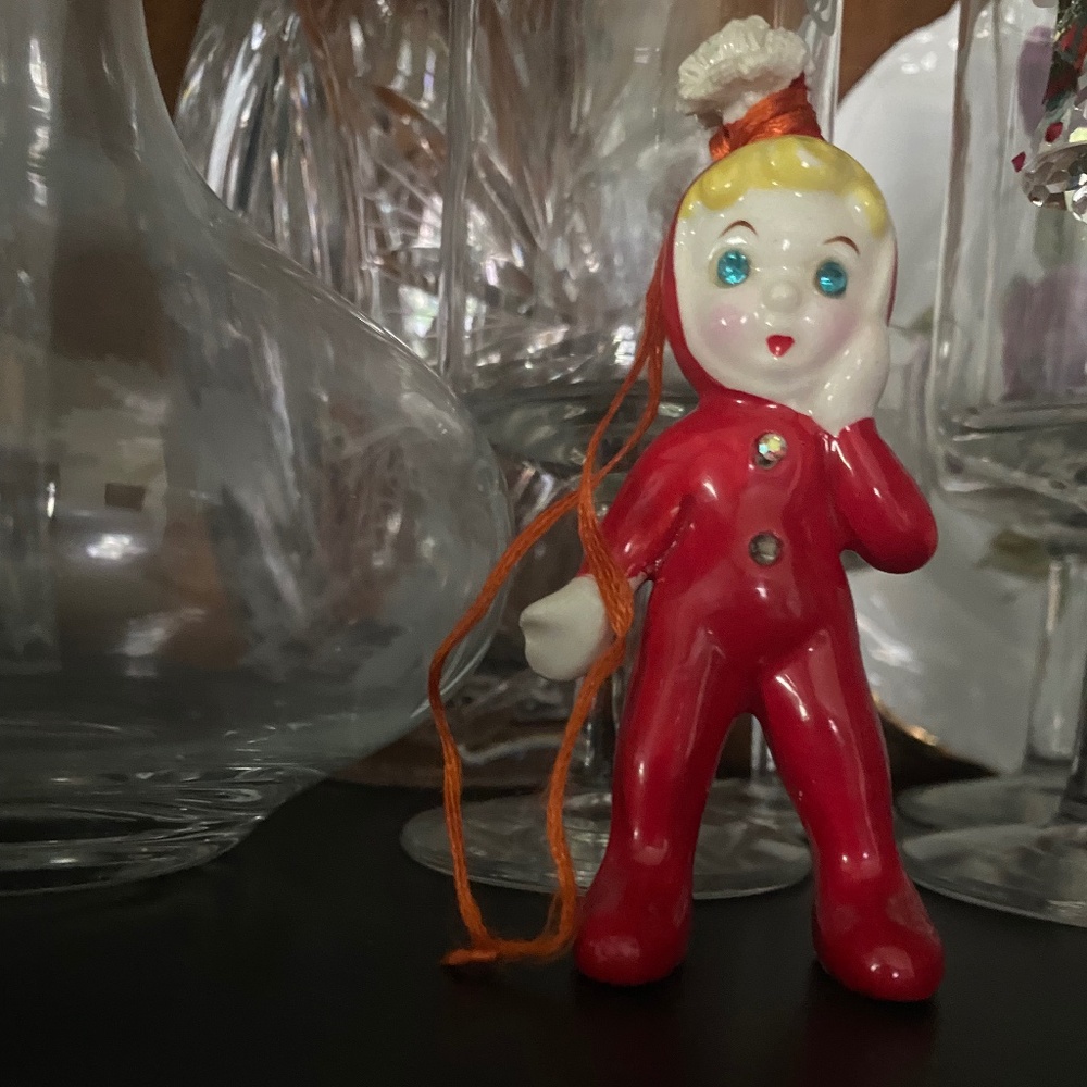 Vintage Standing Red Ceramic Christmas Figurine Pixie Elf with Blue glass eyes